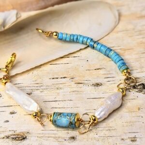 Santorini Inspired Blue Imperial Jasper & Pearls In Artisan Handcrafted Necklace